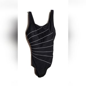 Womens Swimsuit Black Size M White Stripes Piping High Coverage Summer Beach